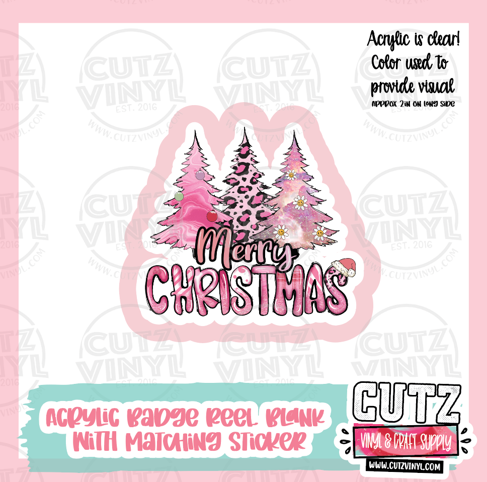 Pink Christmas Trees - Acrylic Badge Reel Blank and Matching Sticker