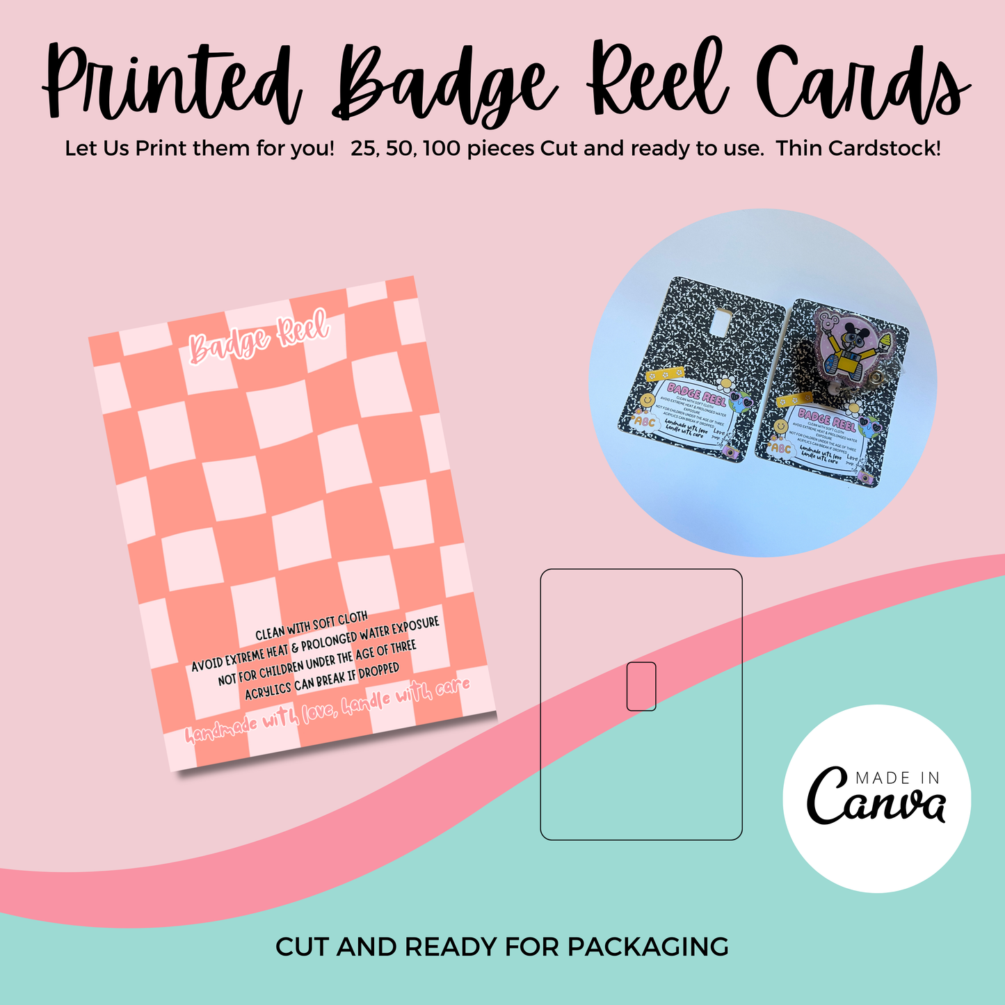 Printed Badge Reel Cards - Pink Check