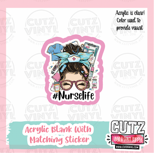 Nurse Life Bun - Acrylic Badge Reel Blank and Matching Sticker