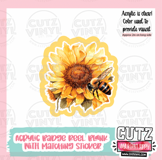 RTS Sunflower Bee - Acrylic Badge Reel Blank and Matching Sticker