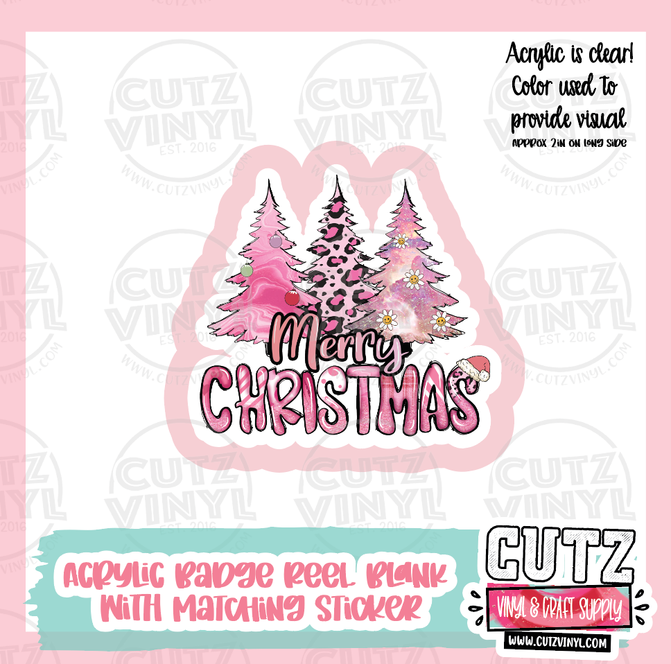 RTS Pink Christmas Trees - Acrylic Badge Reel Blank and Matching Sticker